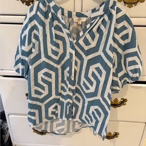 Entro Blue and White Geometric Blouse
